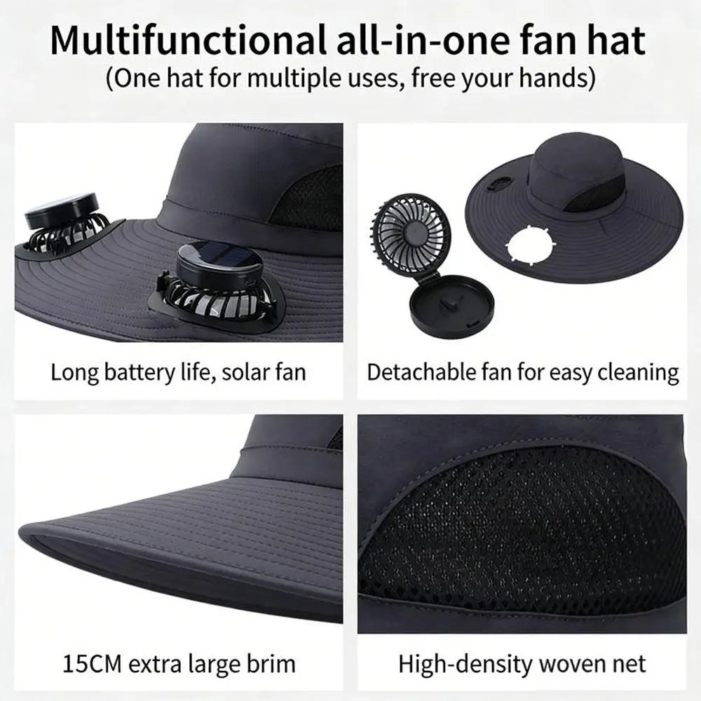 New Multi-Function Solar Fan Sun Hat - Waterproof Fishing Hat with Built-In USB Charging & Wide Brim for UV/Heat Protection