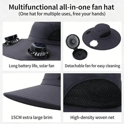 New Multi-Function Solar Fan Sun Hat - Waterproof Fishing Hat with Built-In USB Charging & Wide Brim for UV/Heat Protection