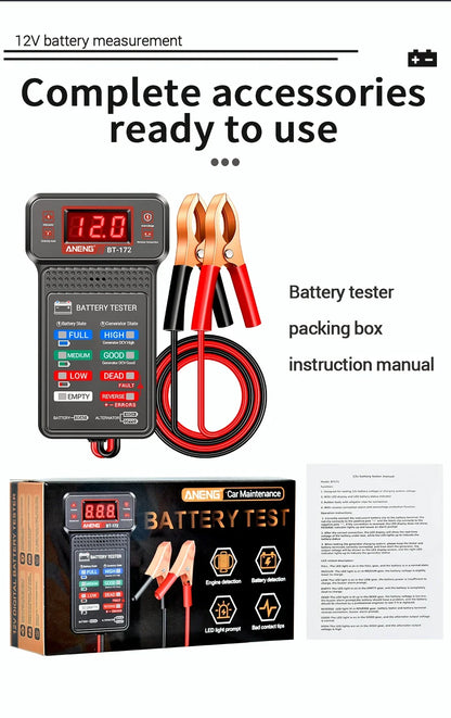 Car Battery Load Tester ANENG BT-172 Voltage Meter Gauge Digital Display Car Battery Monitor Amp Meter with Alligator Clips Tool