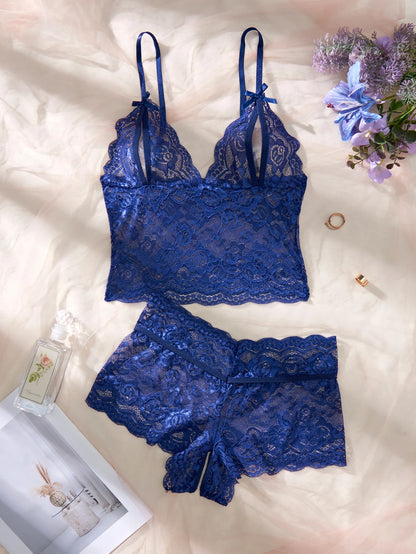 Women Black Open-Back Lace Two-Piece Panties Underwear Sleep Set