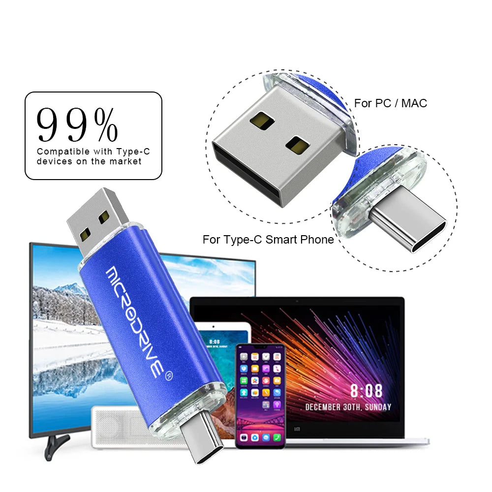 OTG Pendrive 2 in 1 type c USB 2.0 Flash Drive 1GB 128gb 64gb cle usb memoria usb metal stick 32gb 8gb Pen Drive for Android