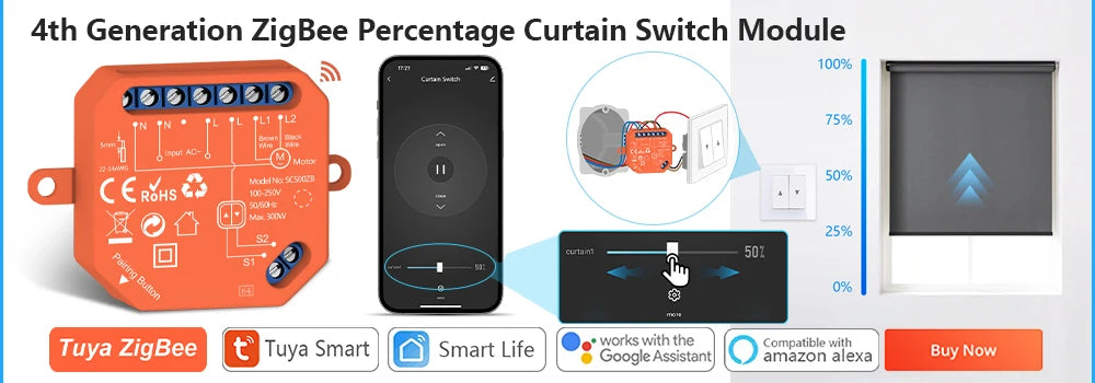 LoraTap Tuya Smart Roller Shutter Curtain Blinds Switch Tubular Motor Percentage Remote Voice Control by Google Home Alexa