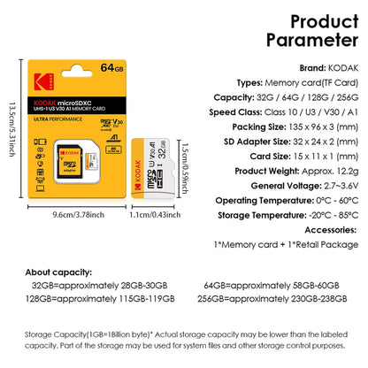 KODAK Micro SD Card 32GB 64GB 128GB Memori Memory Card C10 TF Micro SD SDXC U3 V30 4K For Phone Drone Camera