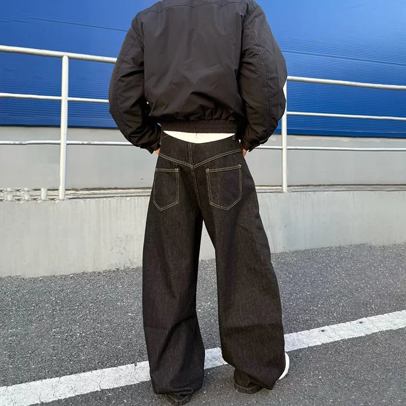 2026 Spring/Summer Korean Black Men'S Curved Knife Jeans Loose Straight Legs Casual Wide Legs 3xl Large Jeans