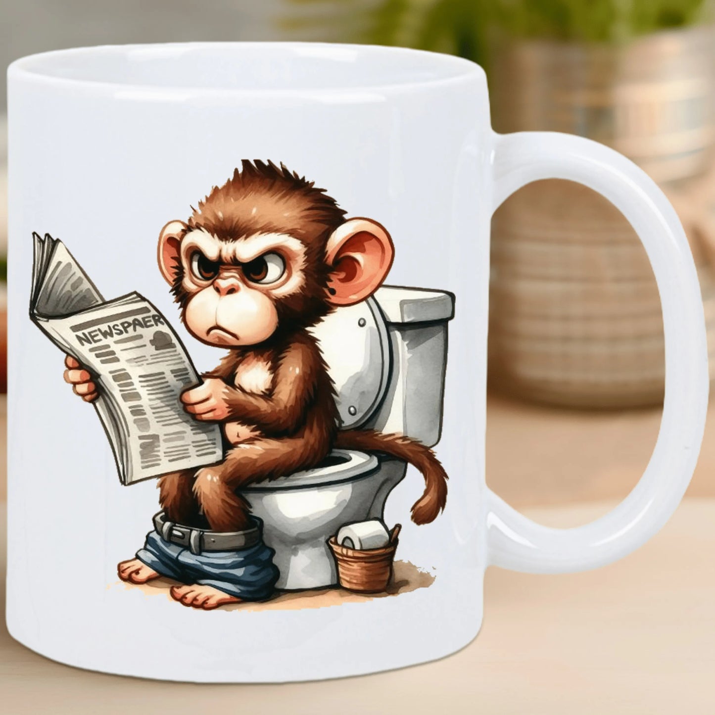 Funny Monkey on Toilet Ceramic Coffee Mug – Reusable, Hand-Wash Only – Humorous Cartoon Design with Detailed Illustration