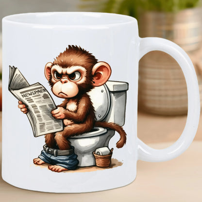 Funny Monkey on Toilet Ceramic Coffee Mug – Reusable, Hand-Wash Only – Humorous Cartoon Design with Detailed Illustration