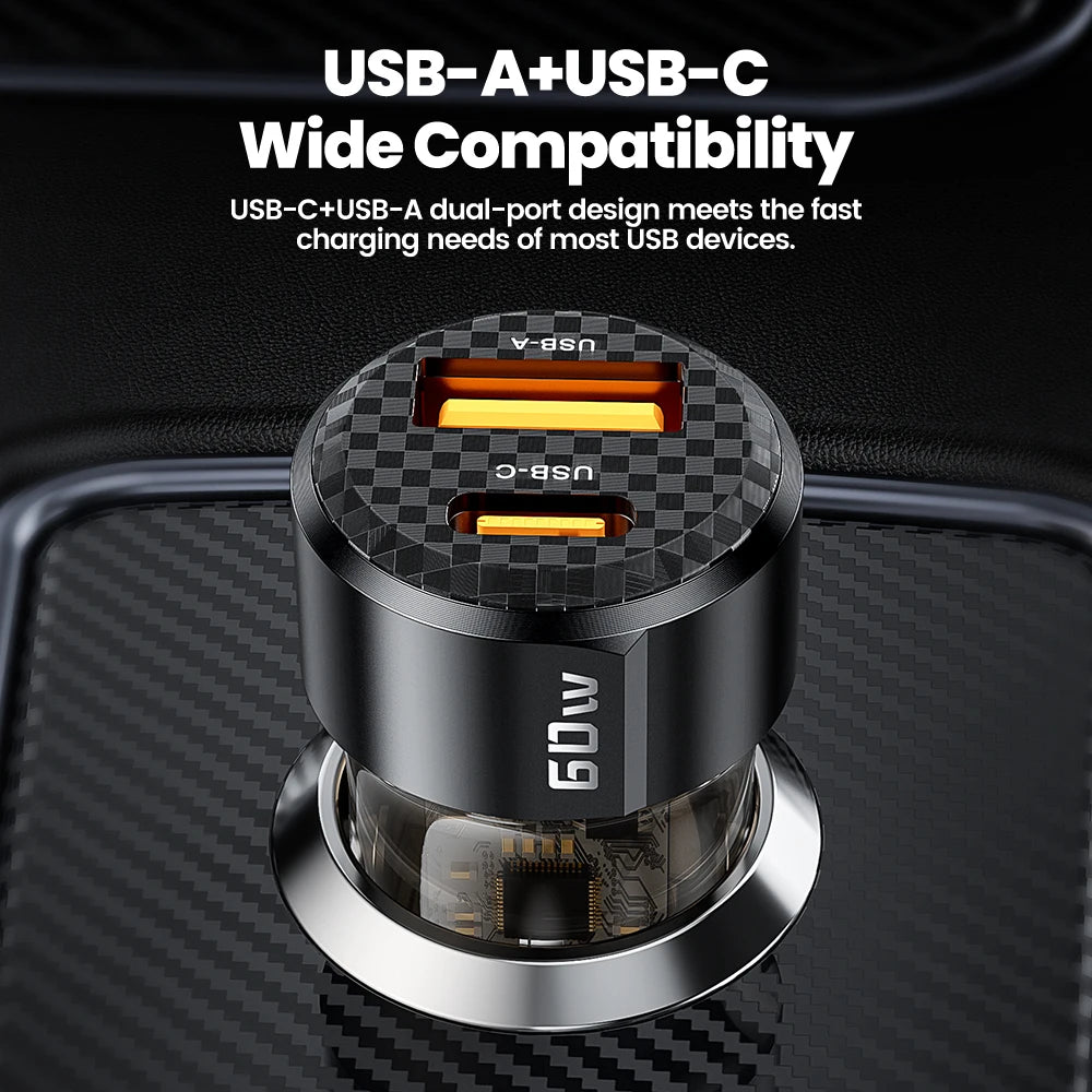 Toocki Transparent USB Type C Car Charger PD QC 3.0 Fast Charging 60W USB C Car Mobile Phone Charger Adapter For iphone Android