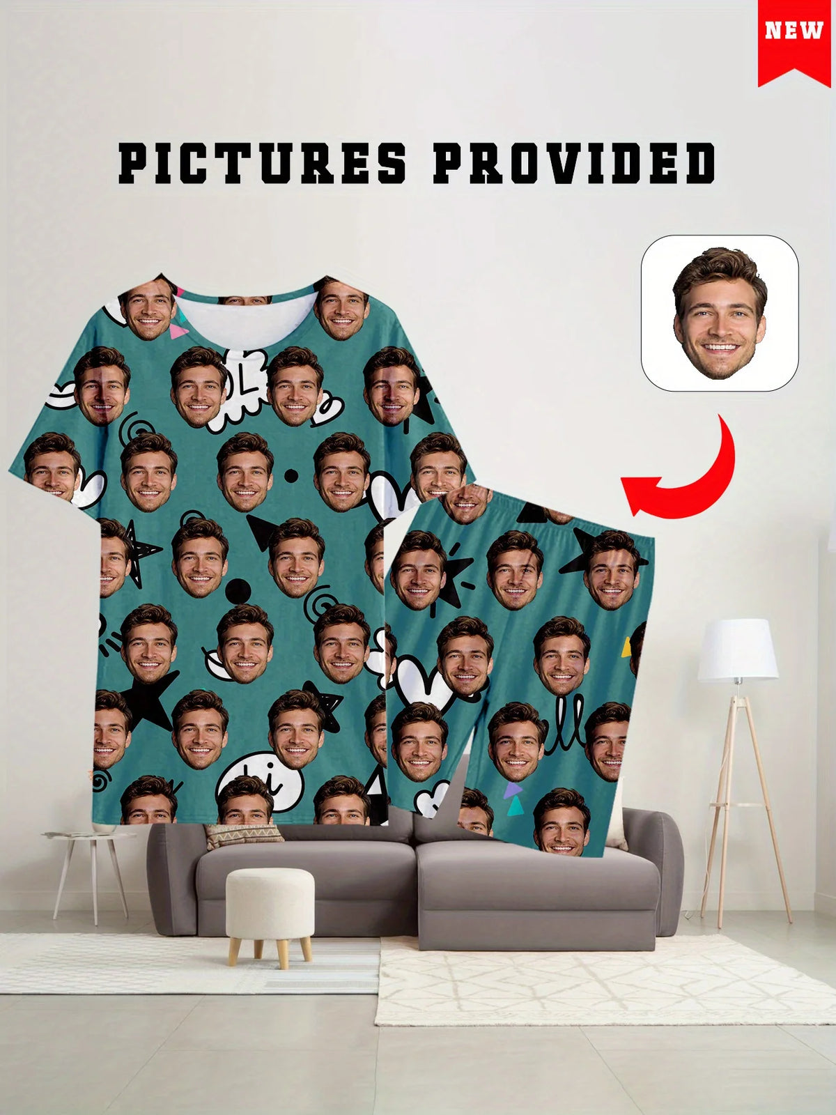 Men's Women's Facial Printed T-Shirt Shorts Set Personal Photo Customize Pajamas Comfortable Loose Home Set Valentine's Day Gift