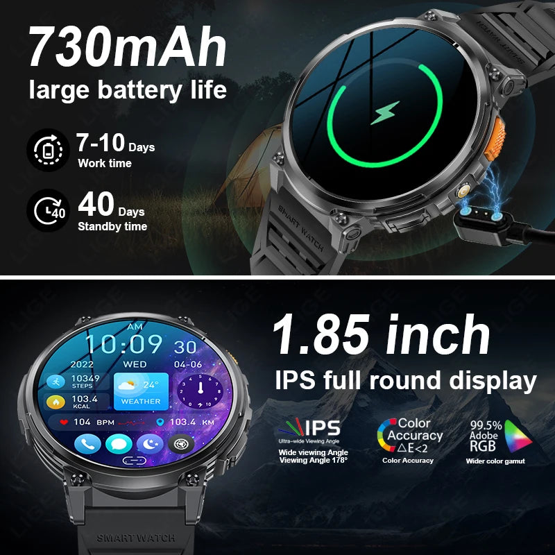 LIGE 1.85-inch AMOLED Smart Watch Men with LED Flashlight IP68 Waterproof Smartwatch 730mAh Bluetooth Call Smartwatches For Men