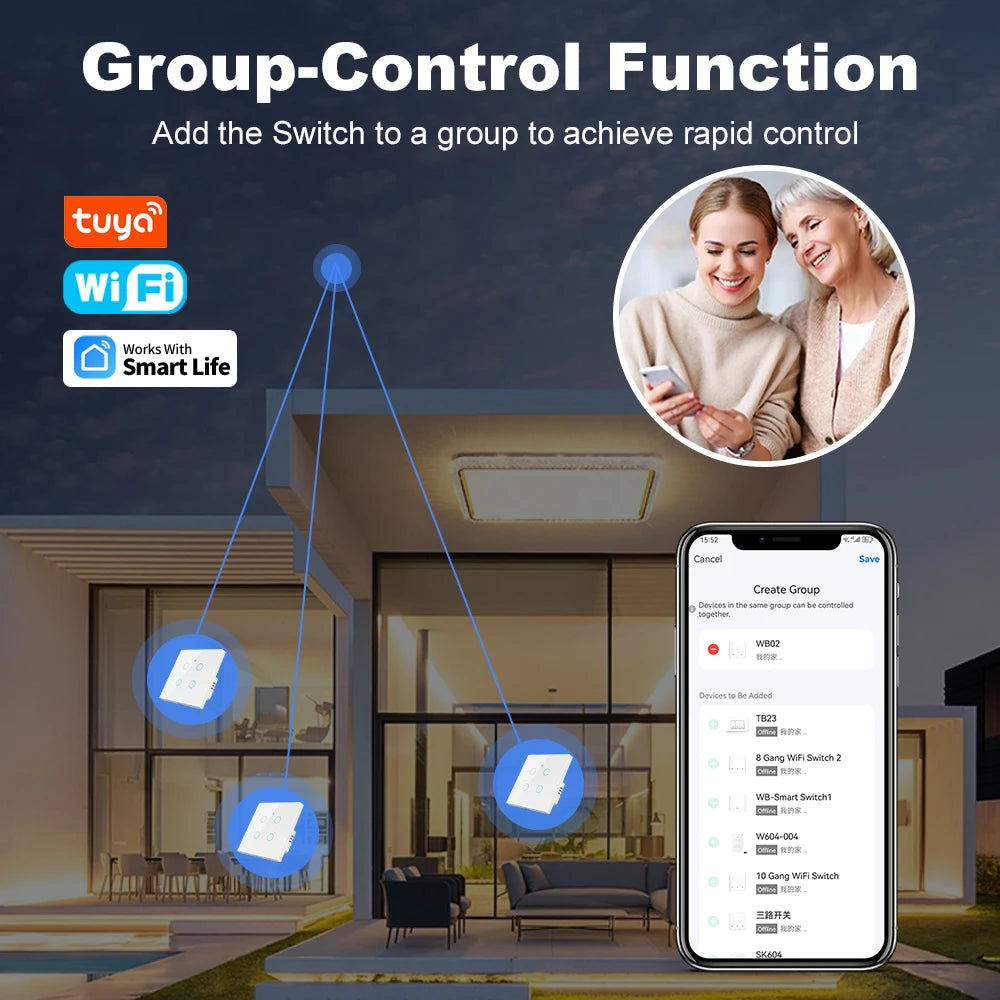 Tuya Smart Wifi Light Switch No Neutral Wire Touch Panel EU 1/2/3 Gang Wall Switch Wireless Control Voice Control Alexa Google