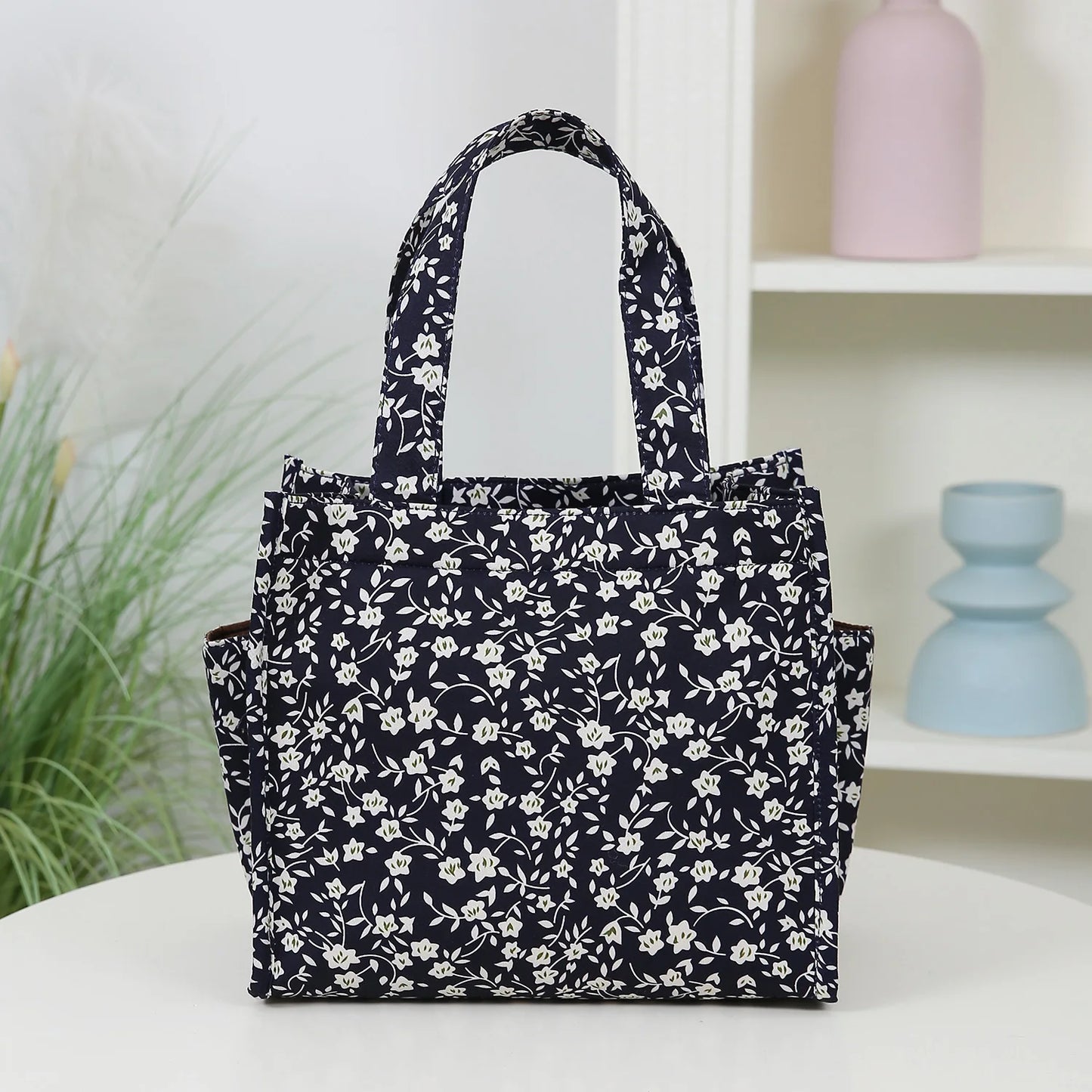 New floral print thickened fabric handbag, lunch bag, portable lunch box storage bag, zipper design, multifunctional tote