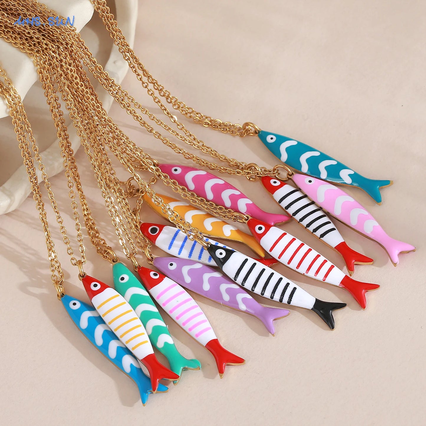 Cute Colorful Enamel Fish Pendant Necklaces For Women Girls Lovely Stainless Steel Gold Color Summer Waterproof Beach Jewelry