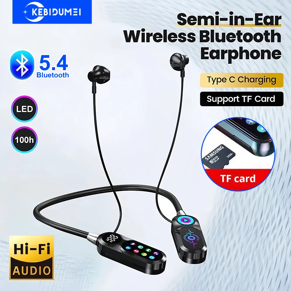 HD Screen Earphones Bluetooth 5.4 Headphones Neckband Headsets TWS Wireless Earbuds HiFi Stereo Voice Assistant Support TF Play