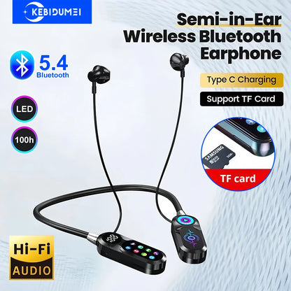 HD Screen Earphones Bluetooth 5.4 Headphones Neckband Headsets TWS Wireless Earbuds HiFi Stereo Voice Assistant Support TF Play