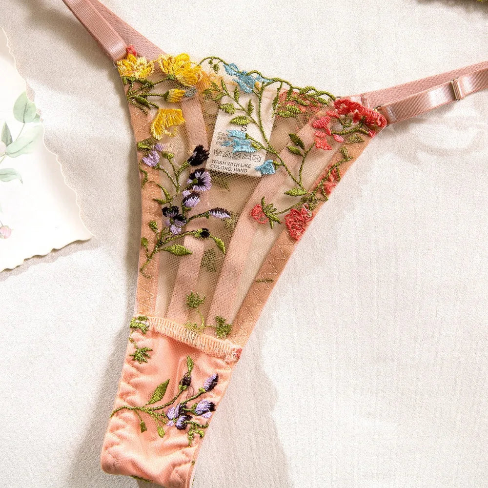 2-Piece Floral Lingerie Set Sheer Embroidery Underwear Intimates Underwire Push-up Versatile Bra Panty Set For Lady Girl