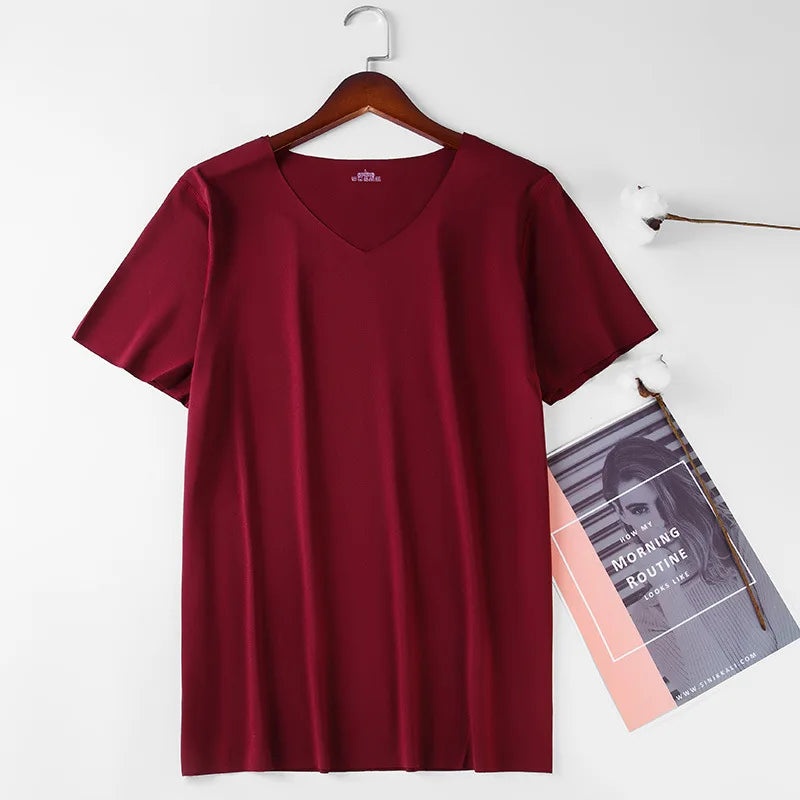 1pcs Men T-shirts Ice Silk Traceless Slim T Shirt For Man Seamless Casual V-neck Short Sleeve Tee Male Summer Thin Clothing Tops