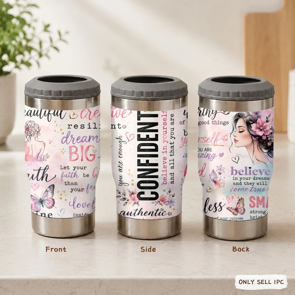 COOL Woman Motivational Vacuum Flasks 4-in-1 Stainless Steel Can Cooler Insulated Beer Soda Coffee Holder Dual Lids Fits 12oz