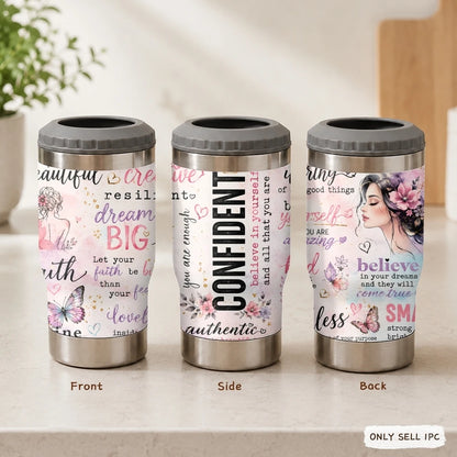 COOL Woman Motivational Vacuum Flasks 4-in-1 Stainless Steel Can Cooler Insulated Beer Soda Coffee Holder Dual Lids Fits 12oz