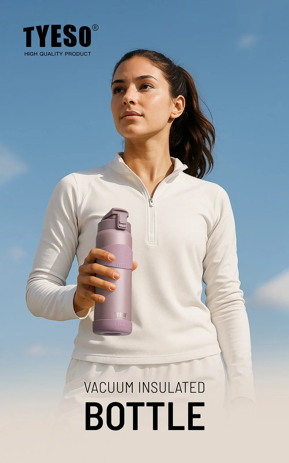 TYESO 750ML Double Wall Insulated Water Bottle Hot Water 304 Stainless Steel Flask for Fitness Outdoor Hiking Coffee Sticker