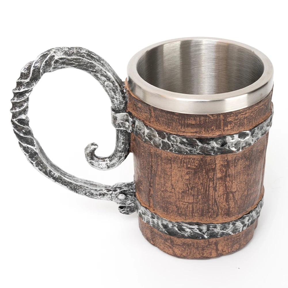 Wooden Barrel Beer Cup Stainless Steel Coffee Mug Viking Style Vintage Beer Mug Double Wall Drinking Cup Halloween Bar Drinkware