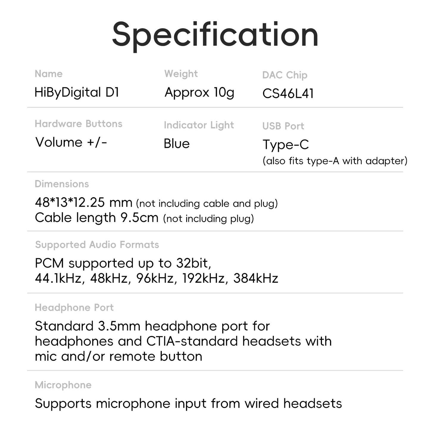HiBy Digital D1 Type C HiFi Audio Dongle USB DAC Headphone AMP PCM32Bit/384kHz 3.5mm output CS46L41 Sound Card for Android Win10