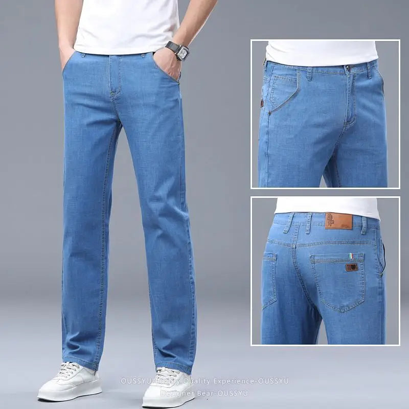 Summer Thin Men's Elastic Cotton Jeans Fashion Business Straight Casual Denim Pants Male Work Clothes Slim Trousers Plus Size 40
