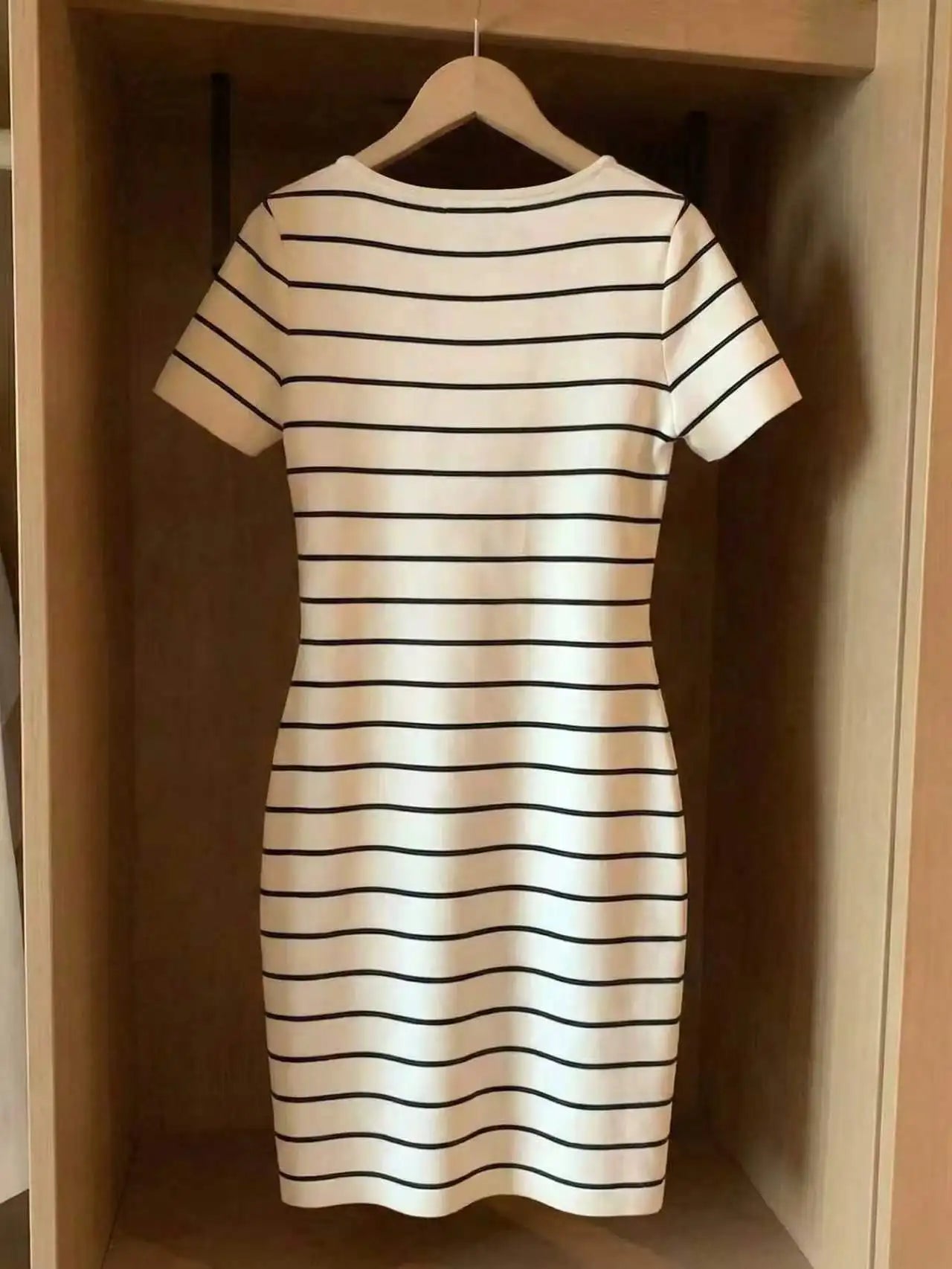 Spring Summer Elegant Casual Sexy Striped Print round Neck Short Sleeve Wrap around Skirt Dress for Women