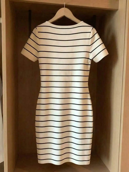 Spring Summer Elegant Casual Sexy Striped Print round Neck Short Sleeve Wrap around Skirt Dress for Women