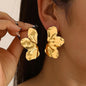 Stainless Steel Golden Double Layered Five Petal Flower Earring for Women Vintage Stripe Flower Dangle Earrings Jewelry Gifts