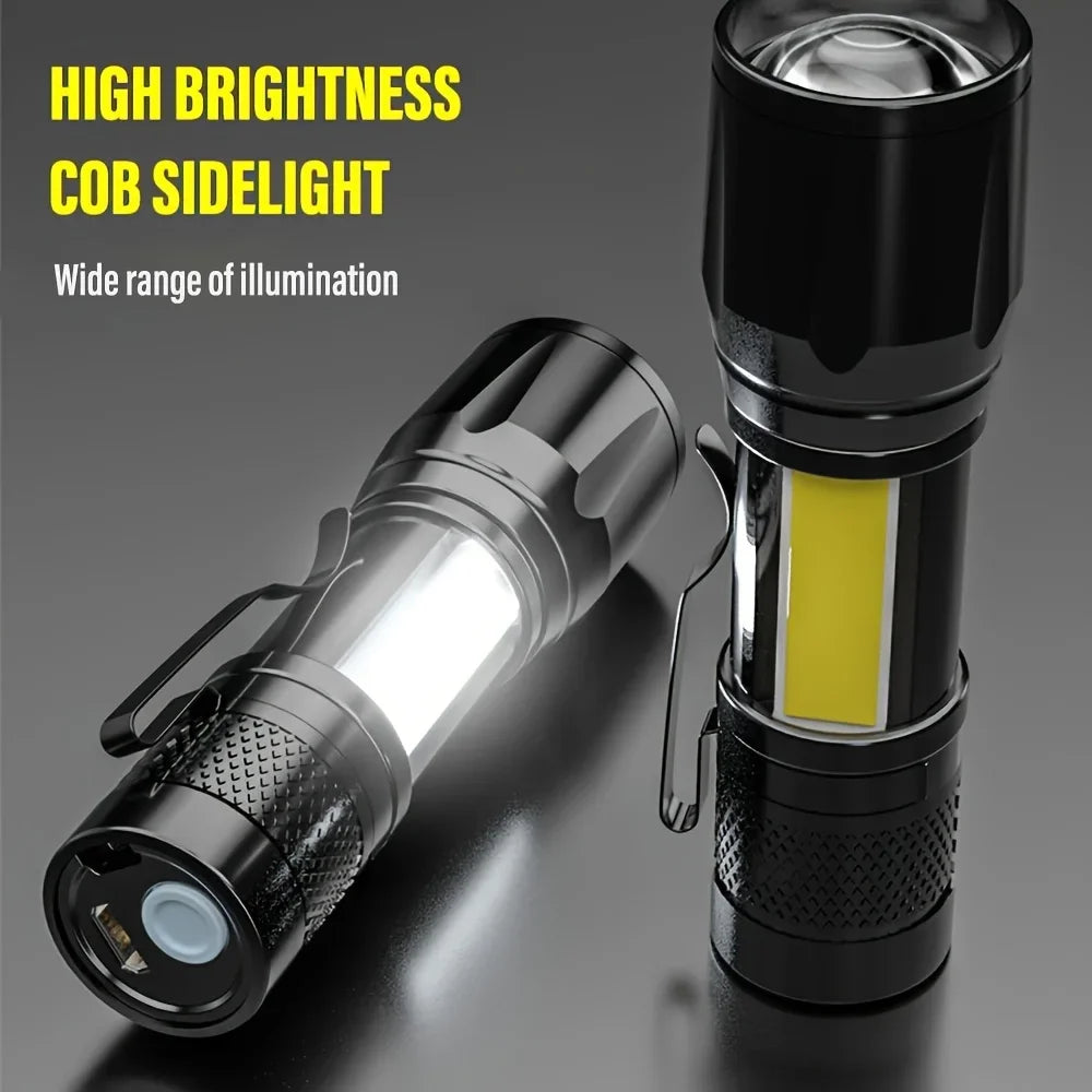 LED+COB Portable Flashlight Zoomable Small Torch USB Rechargeable Outdoor Camping Fishing Long Range Camping Emergency Lantern