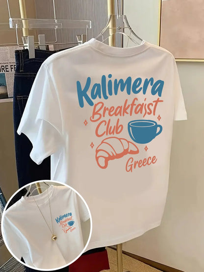 Trendy Kalimera Letter Print T Shirt Women Double Sided Graphic Tee Summer Fashion Short Sleeve O-Neck Pullover Loose Fit Top