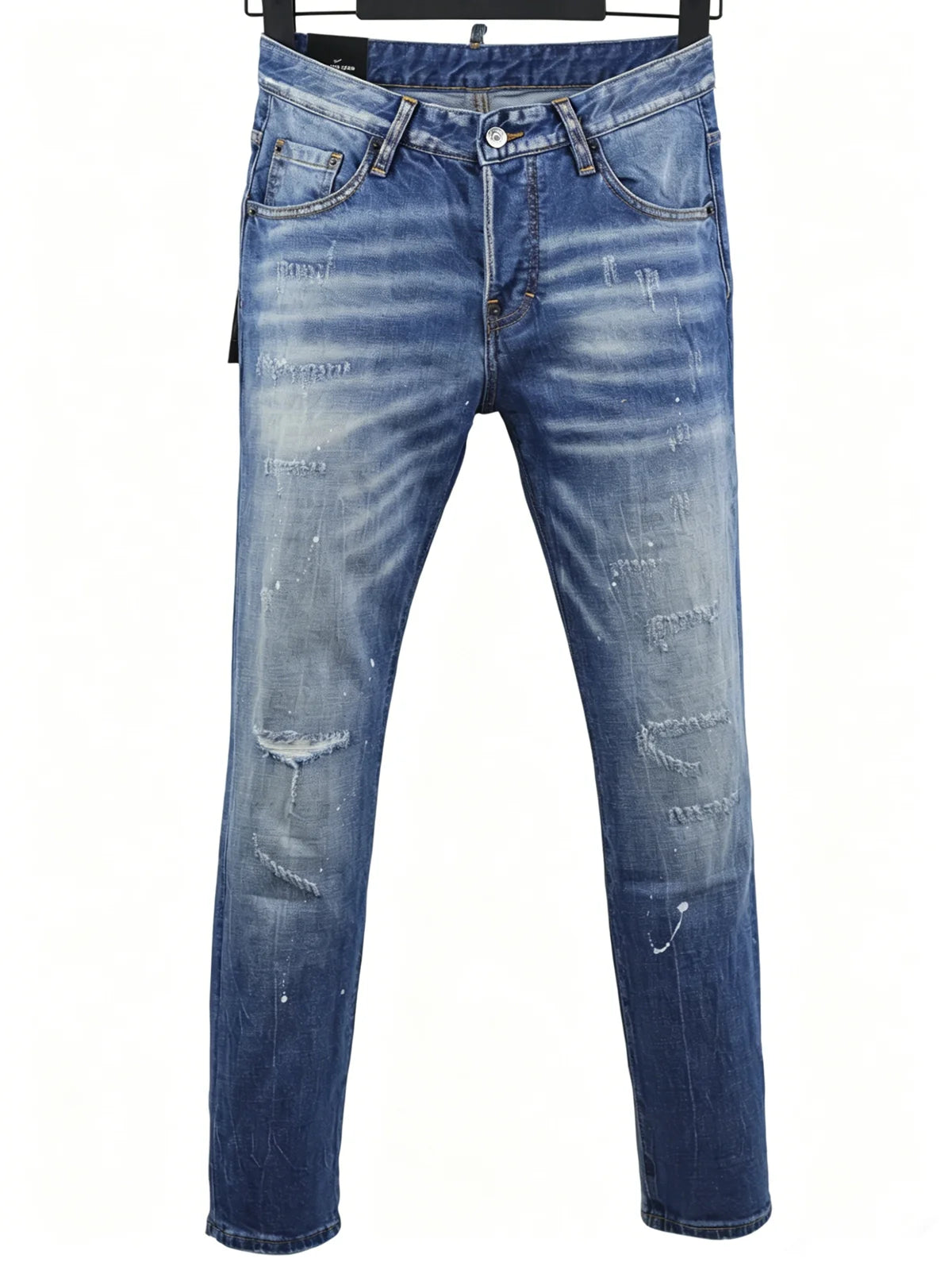 6060 Four Seasons New Men's Washed Ripped Patch Old Slim-fit Straight Black Jeans for Men
