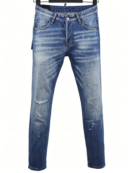 6060 Four Seasons New Men's Washed Ripped Patch Old Slim-fit Straight Black Jeans for Men