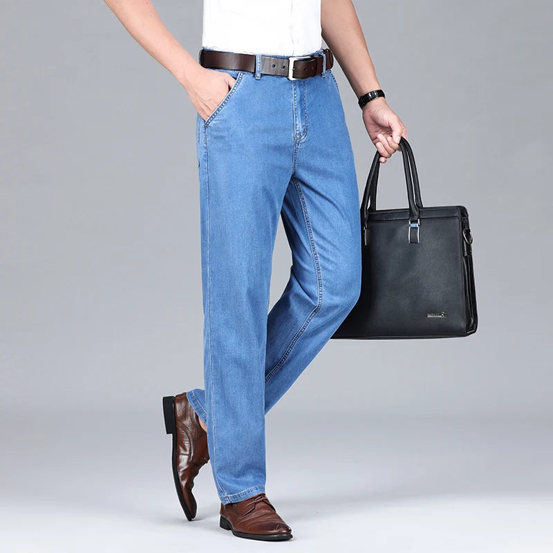 2026 Summer Brand Clothing New Men's Straight Loose Business Casual Lightweight Jeans Classic Embroidered Elastic Denim Pants