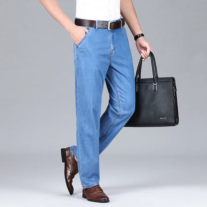 2026 Summer Brand Clothing New Men's Straight Loose Business Casual Lightweight Jeans Classic Embroidered Elastic Denim Pants