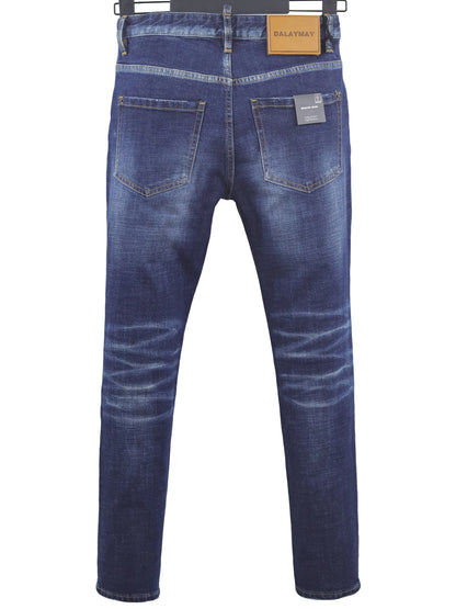 6057 Four Seasons New Men's Wear Washed Ripped Patch Paint Slim-fit Feet Blue Jeans for Men