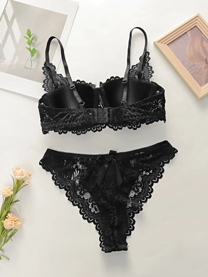 fashion Black bow lace thong set solid color daily 2-piece set sexy underwear set push up bra set B1111