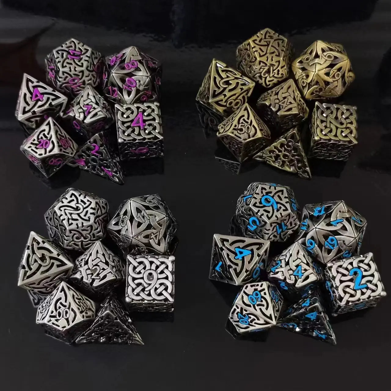7 Pcs Cosplay D4-D20 DND Brass Gold Polyhedral Sharp Edge Casino Dice Rpg Table Board Game Tray Gem Stone Dragon Metal Steel Set