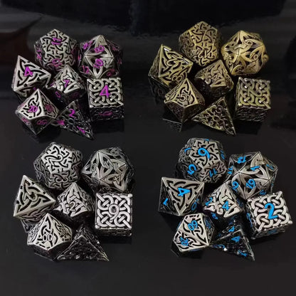 7 Pcs Cosplay D4-D20 DND Brass Gold Polyhedral Sharp Edge Casino Dice Rpg Table Board Game Tray Gem Stone Dragon Metal Steel Set