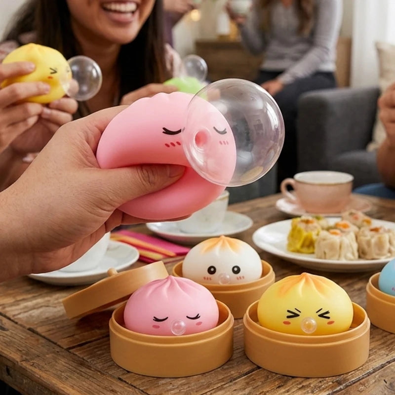 1/4Box Dumpling Squeeze Blow Bubbles Toy Dumpling Squishies Set with Steamer Bubble-Blowing Squishies Stretchy Fidget Sensory