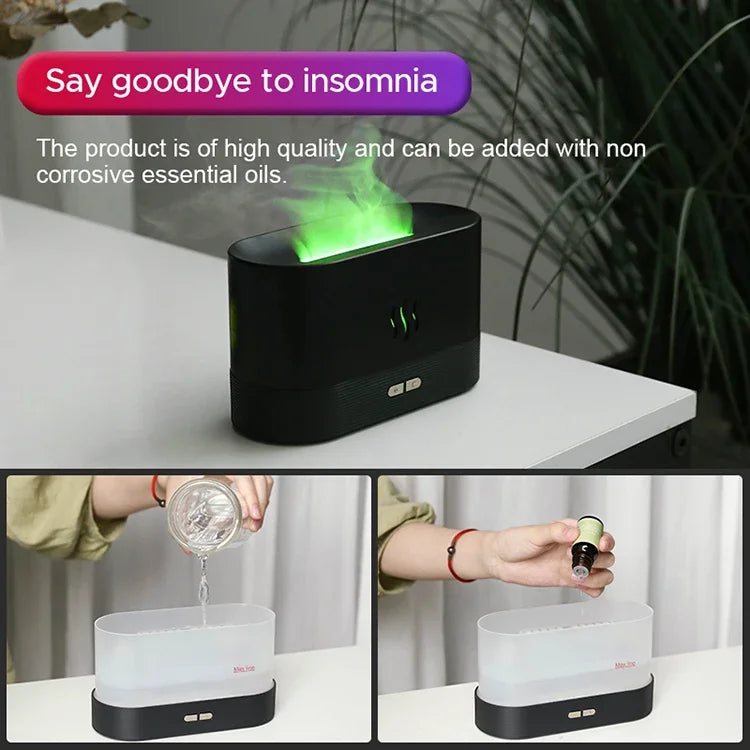 USB Desktop Flame Aroma Diffuser Humidifier 7 Colors Simulation Light Aromatherapy Air Purifier for Bedroom/Essential oil set