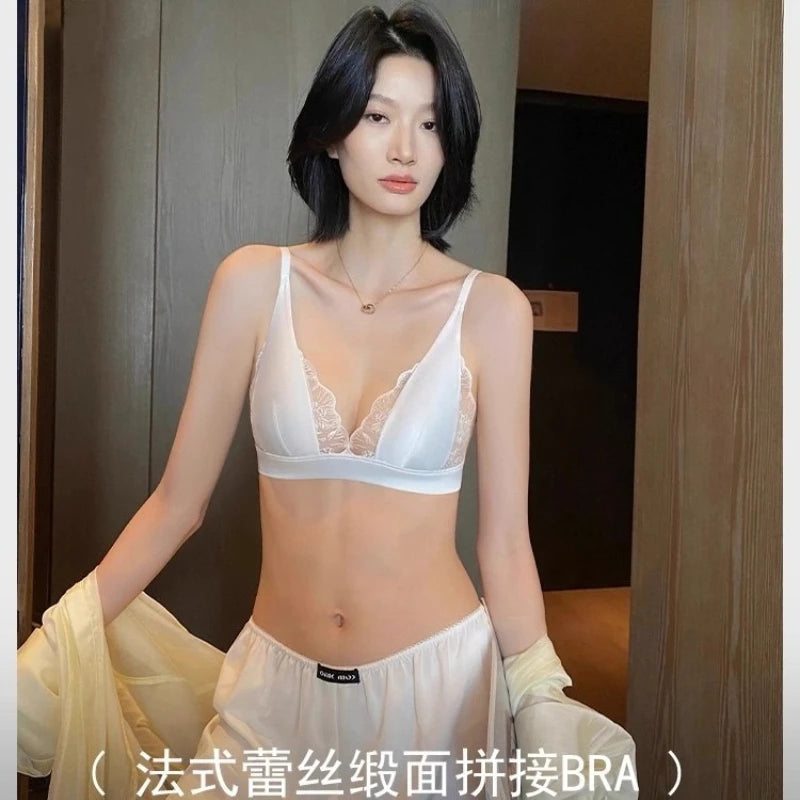 Modest French Lingerie Wirefree, Luxury Satin Bralette for Small Chest Summer Thin Cover Lace Bra Elegant Comfort MOYISU S-XL AB