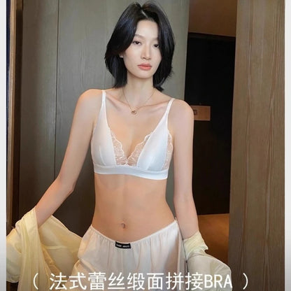 Modest French Lingerie Wirefree, Luxury Satin Bralette for Small Chest Summer Thin Cover Lace Bra Elegant Comfort MOYISU S-XL AB