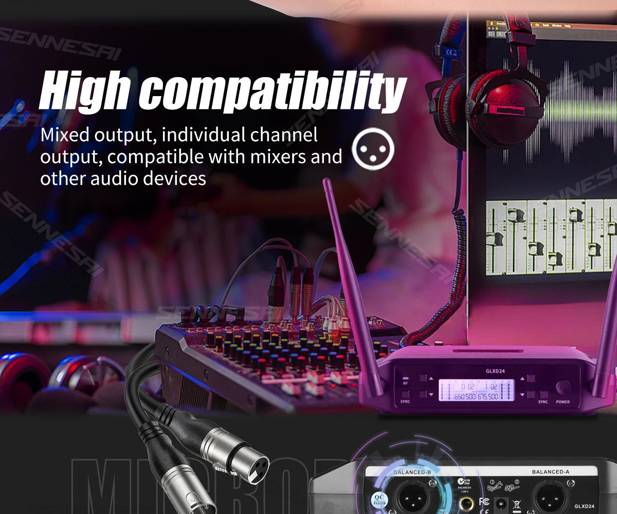 SENNESAI GLXD24 B58 Professional Dual Wireless Microphone 600-699MHz System Stage Performances UHF Dynamic 2 Channel Handheld