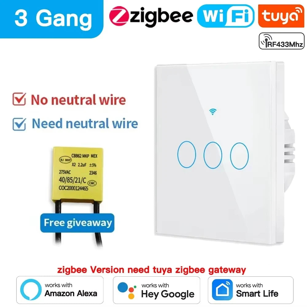 Tuya Wifi/Zigbee RF433 EU Smart Wall Switch 1/2/3/4 Gang Touch Sensor Button No-Neutral Wire,Voice With Alexa Google Home