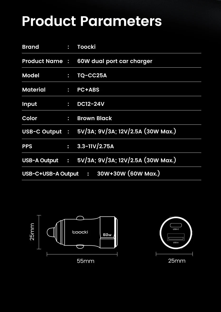 Toocki Transparent USB Type C Car Charger PD QC 3.0 Fast Charging 60W USB C Car Mobile Phone Charger Adapter For iphone Android