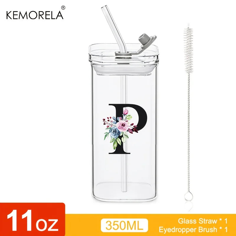 1PCS 24 Letter-Shaped Glass Tumblers with Lid And Straw Coffee Tumbler 300ML Clear Square Drinking Tumbler For Coffee Beer Milk