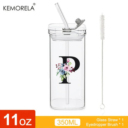 1PCS 24 Letter-Shaped Glass Tumblers with Lid And Straw Coffee Tumbler 300ML Clear Square Drinking Tumbler For Coffee Beer Milk