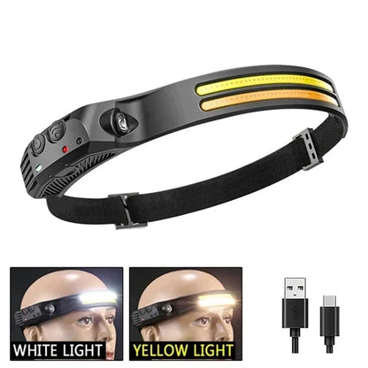 Czołówka USB, ładowalna, indukcyjna, z czujnikiem COB LED, wbudowana bateria, latarka, 5 trybów świecenia, reflektor