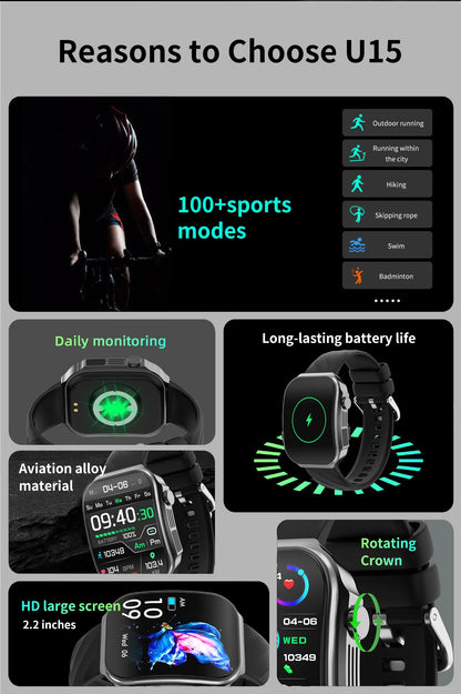 LIGE Nowy smartwatch z zakrzywionym ekranem 3D o przekątnej 2,2 cala z podświetleniem LED, termometrem, monitorem zdrowia, połączeniami BT i funkcjami sportowo-fitnessowymi
